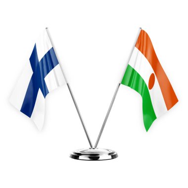 Two table flags isolated on white background 3d illustration, finland and niger