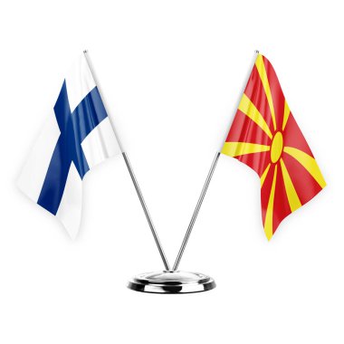Two table flags isolated on white background 3d illustration, finland and north macedonia