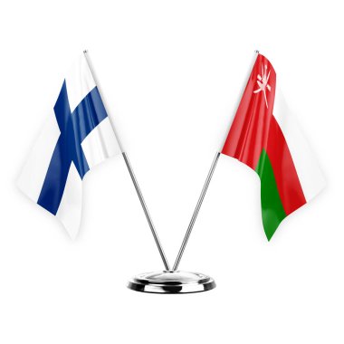 Two table flags isolated on white background 3d illustration, finland and oman
