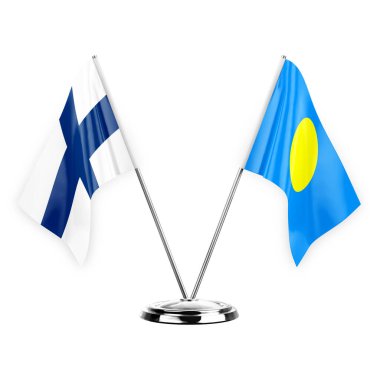 Two table flags isolated on white background 3d illustration, finland and palau