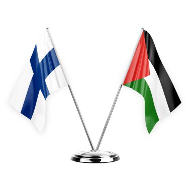 Two table flags isolated on white background 3d illustration, finland and palestine
