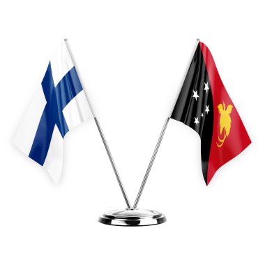 Two table flags isolated on white background 3d illustration, finland and papua new guinea