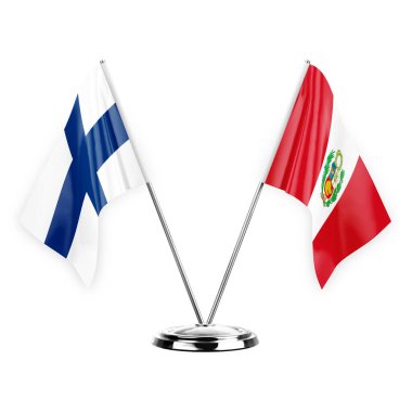 Two table flags isolated on white background 3d illustration, finland and peru