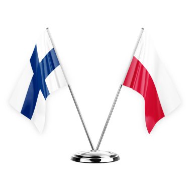 Two table flags isolated on white background 3d illustration, finland and poland