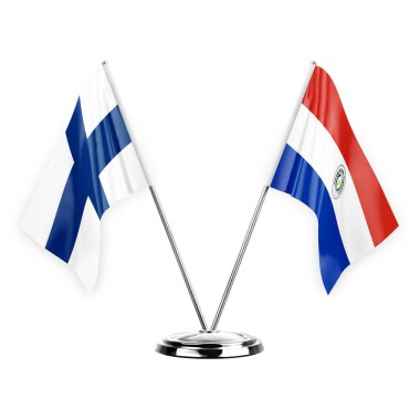 Two table flags isolated on white background 3d illustration, finland and paraguay