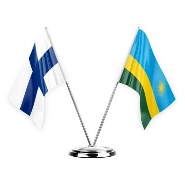 Two table flags isolated on white background 3d illustration, finland and rwanda
