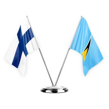 Two table flags isolated on white background 3d illustration, finland and saint lucia