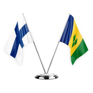 Two table flags isolated on white background 3d illustration, finland and saint vincent and the grenadines