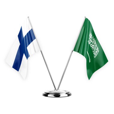 Two table flags isolated on white background 3d illustration, finland and saudi arabia