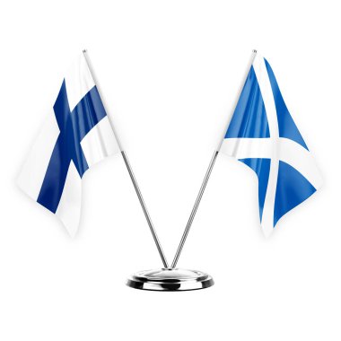 Two table flags isolated on white background 3d illustration, finland and scotland