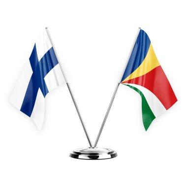Two table flags isolated on white background 3d illustration, finland and seychelles