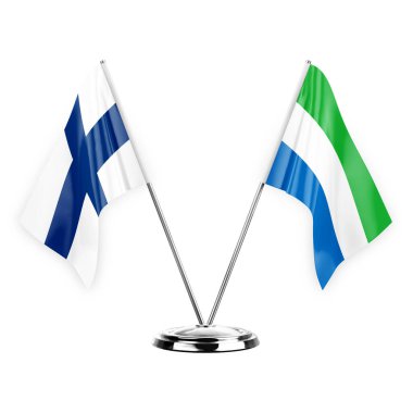 Two table flags isolated on white background 3d illustration, finland and sierra leone