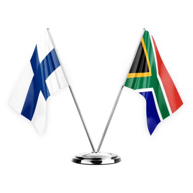 Two table flags isolated on white background 3d illustration, finland and south africa