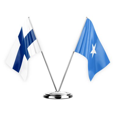 Two table flags isolated on white background 3d illustration, finland and somalia