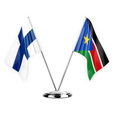Two table flags isolated on white background 3d illustration, finland and south sudan