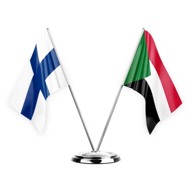 Two table flags isolated on white background 3d illustration, finland and sudan