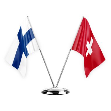 Two table flags isolated on white background 3d illustration, finland and switzerland