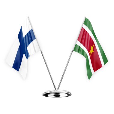 Two table flags isolated on white background 3d illustration, finland and suriname