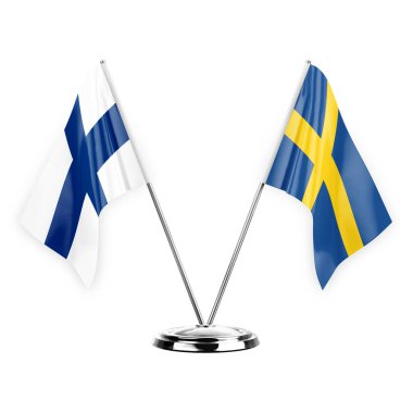 Two table flags isolated on white background 3d illustration, finland and sweden