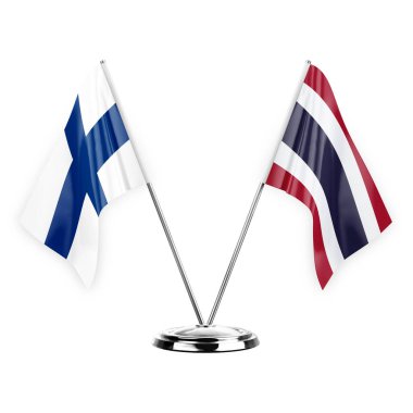 Two table flags isolated on white background 3d illustration, finland and thailand