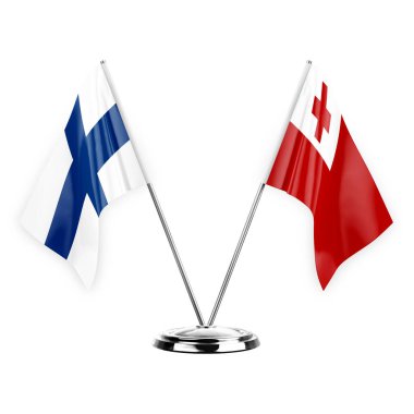 Two table flags isolated on white background 3d illustration, finland and tonga
