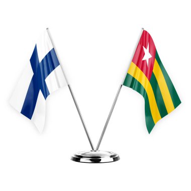 Two table flags isolated on white background 3d illustration, finland and togo