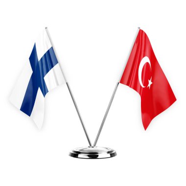 Two table flags isolated on white background 3d illustration, finland and turkey