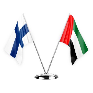 Two table flags isolated on white background 3d illustration, finland and united arab emirates