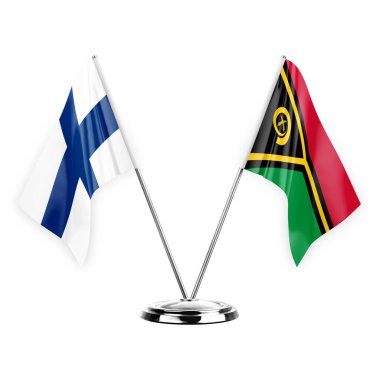 Two table flags isolated on white background 3d illustration, finland and vanuatu