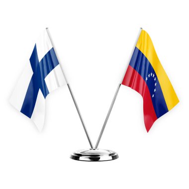 Two table flags isolated on white background 3d illustration, finland and venezuela