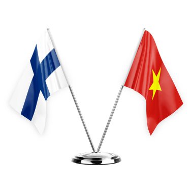 Two table flags isolated on white background 3d illustration, finland and vietnam