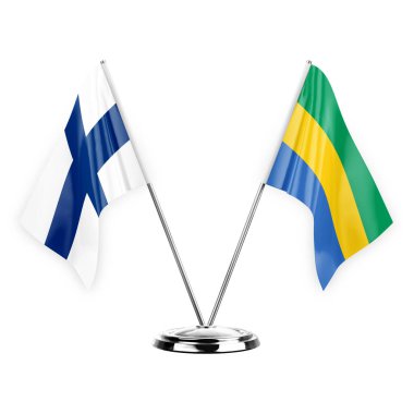 Two table flags isolated on white background 3d illustration, finland and gabon