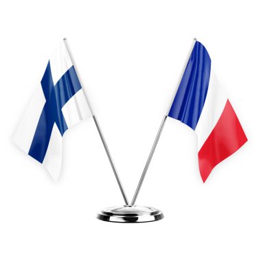 Two table flags isolated on white background 3d illustration, finland and france