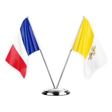 Two table flags isolated on white background 3d illustration, france and holy see