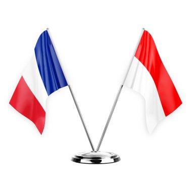 Two table flags isolated on white background 3d illustration, france and indonesia