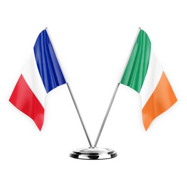 Two table flags isolated on white background 3d illustration, france and ireland