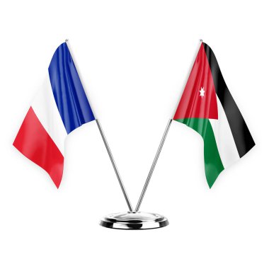 Two table flags isolated on white background 3d illustration, france and jordan