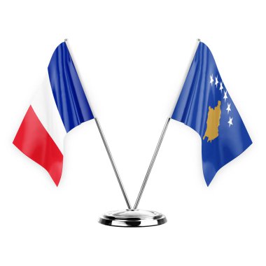 Two table flags isolated on white background 3d illustration, france and kosovo