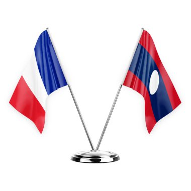 Two table flags isolated on white background 3d illustration, france and laos