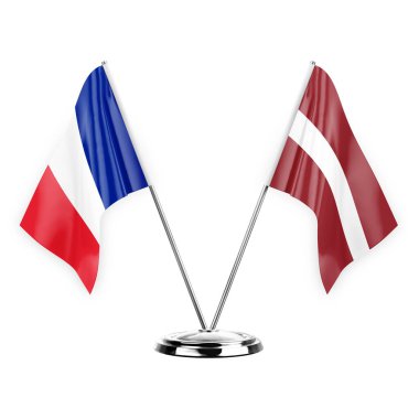 Two table flags isolated on white background 3d illustration, france and latvia