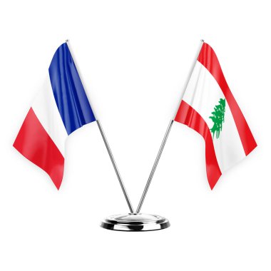 Two table flags isolated on white background 3d illustration, france and lebanon