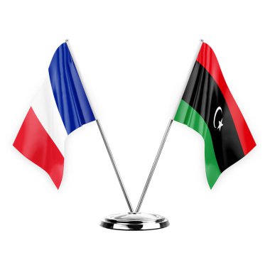 Two table flags isolated on white background 3d illustration, france and libya