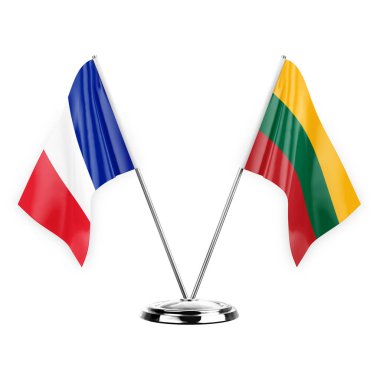 Two table flags isolated on white background 3d illustration, france and lithuania
