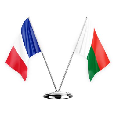 Two table flags isolated on white background 3d illustration, france and madagascar