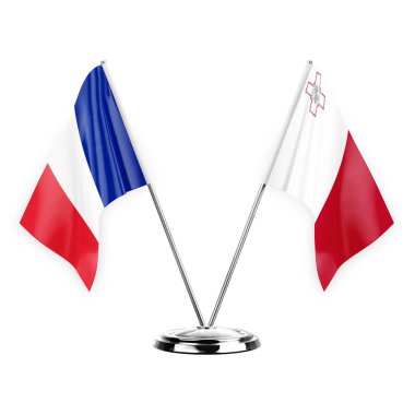 Two table flags isolated on white background 3d illustration, france and malta