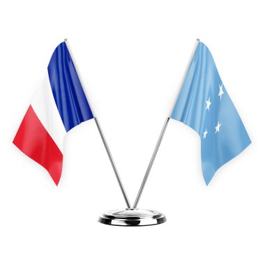 Two table flags isolated on white background 3d illustration, france and micronesia