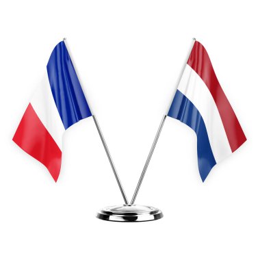 Two table flags isolated on white background 3d illustration, france and netherlands