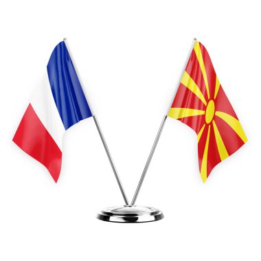 Two table flags isolated on white background 3d illustration, france and north macedonia
