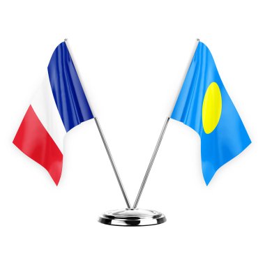 Two table flags isolated on white background 3d illustration, france and palau