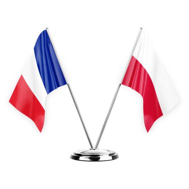 Two table flags isolated on white background 3d illustration, france and poland